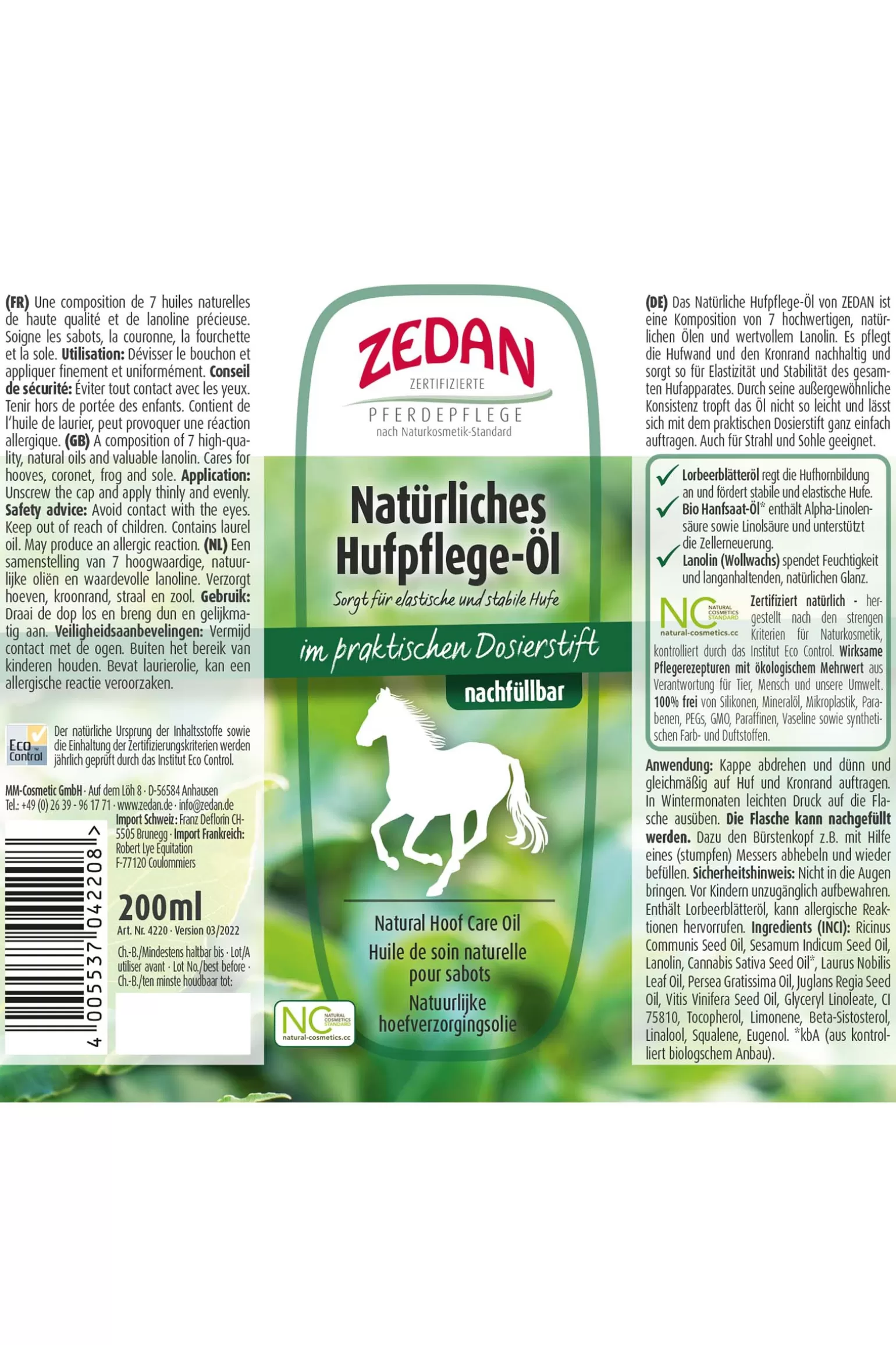 zedan Hufpflege* Naturliches Hufpflege Ol, Hufe, 200Ml